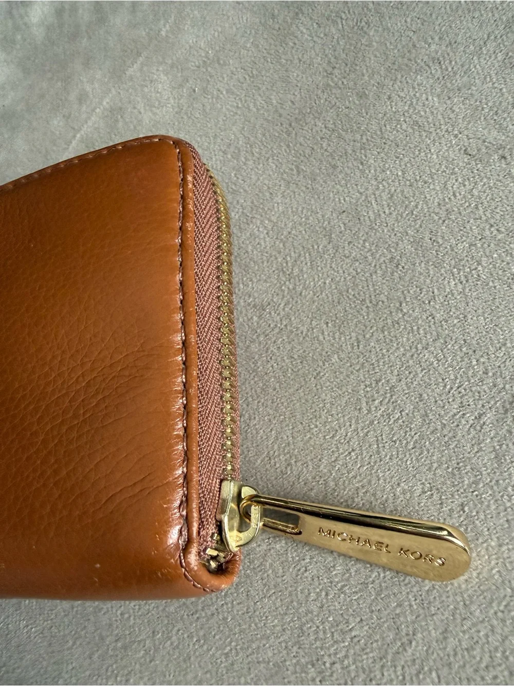 Michael Kors Cognac Leather Zip-Around Wallet with Gold Plaque